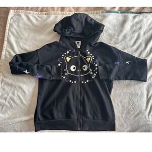 Sanrio Chococat Full Zip Hoodie - Black Celestial Moon & Stars - Cat Ear Hood -M
